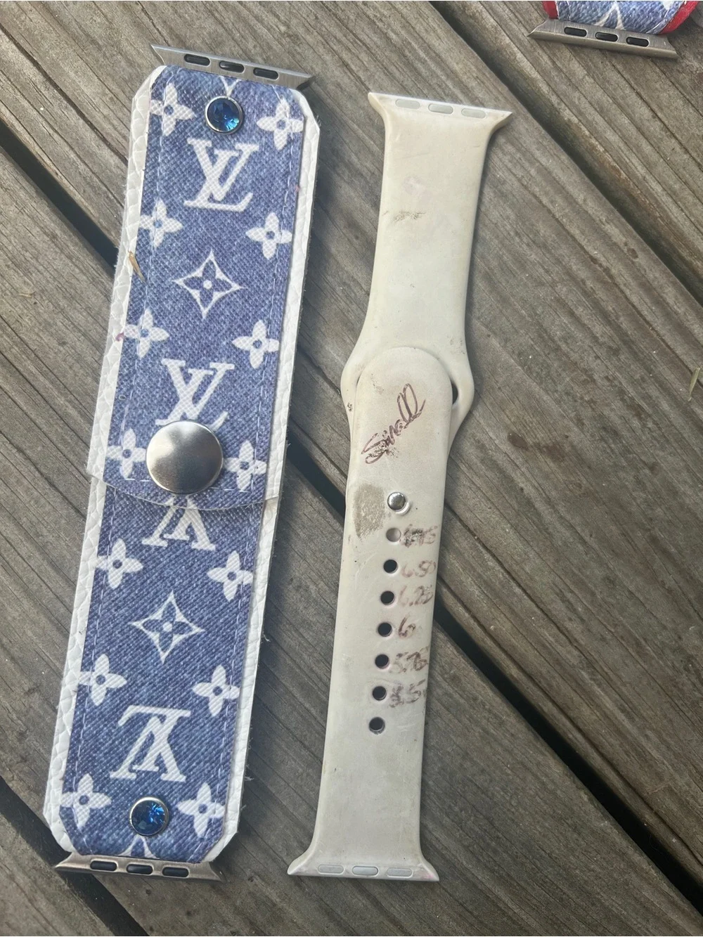 Monogram denim and White leather Apple Watch band